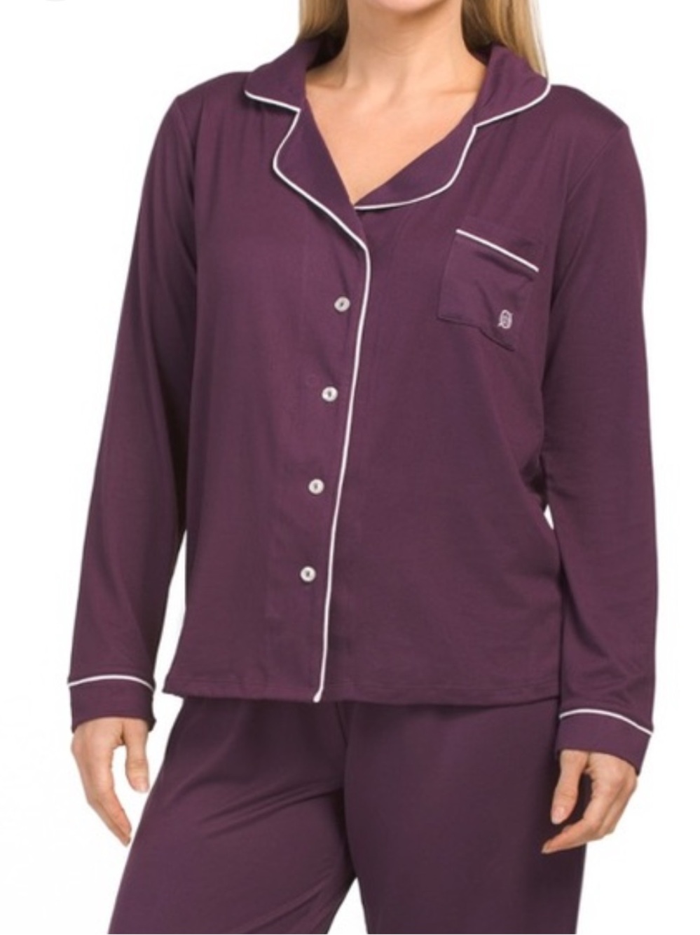BORN Plum purple black piping notched collar button down pajama top M